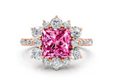 Rose gold Princess Cut Cut Diamond Floral Halo Pave Band with Prong Setting