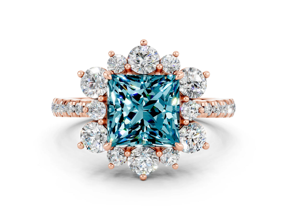 Rose gold Princess Cut Cut Diamond Floral Halo Pave Band with Prong Setting