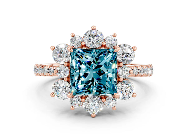 Rose gold Princess Cut Cut Diamond Floral Halo Pave Band with Prong Setting