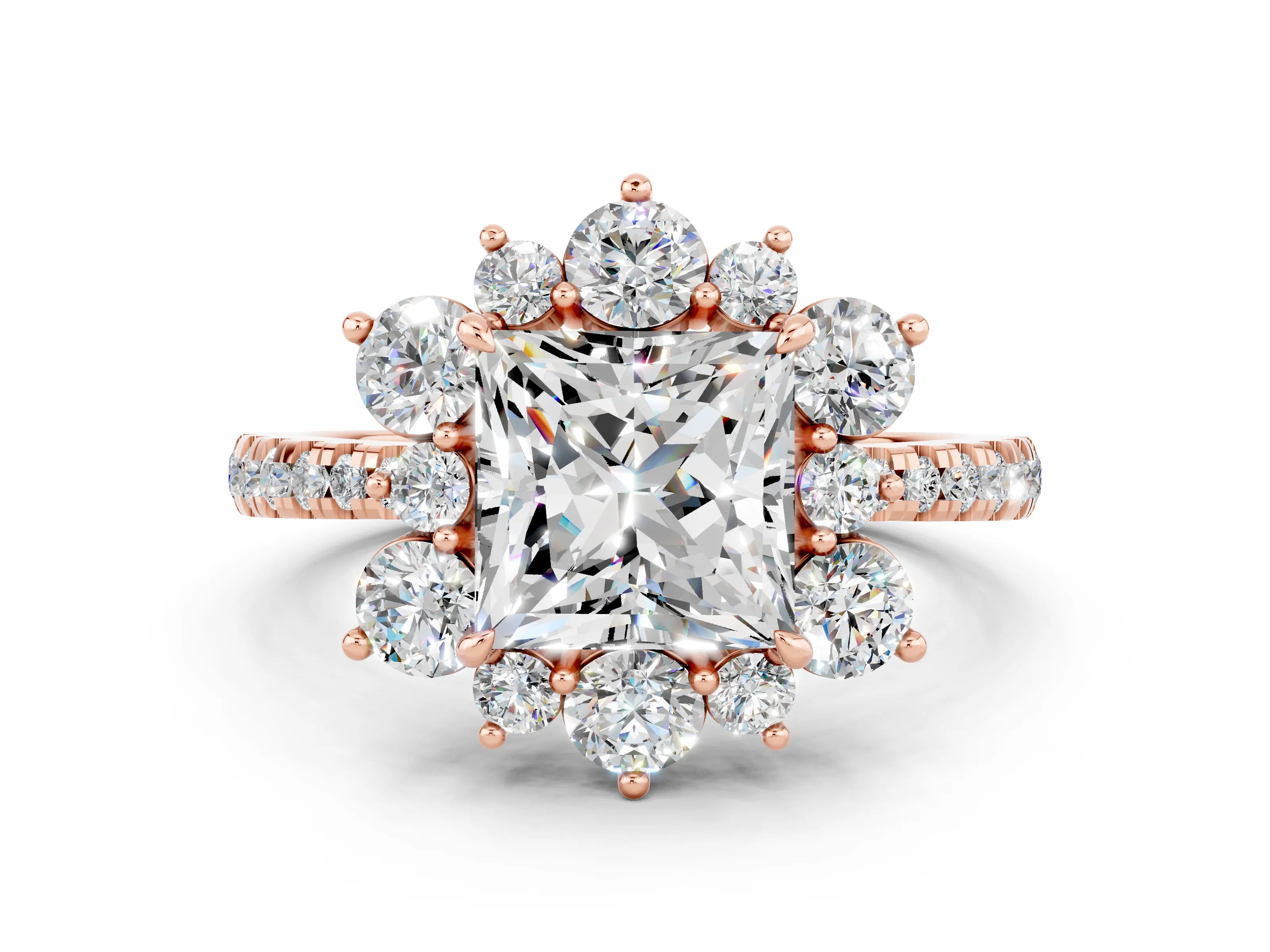 Rose gold Princess Cut Cut Diamond Floral Halo Pave Band with Prong Setting