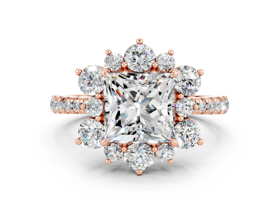 Rose gold Princess Cut Cut Diamond Floral Halo Pave Band with Prong Setting