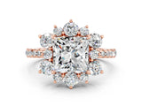 Rose gold Princess Cut Cut Diamond Floral Halo Pave Band with Prong Setting