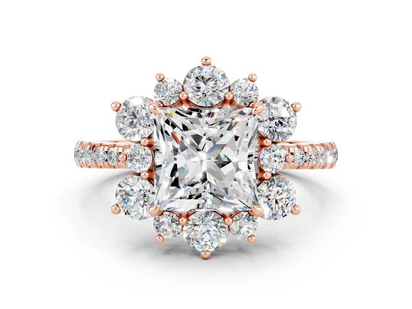 Rose gold Princess Cut Moissanite Floral Halo Ring with Round Pavé Band and Prong Setting