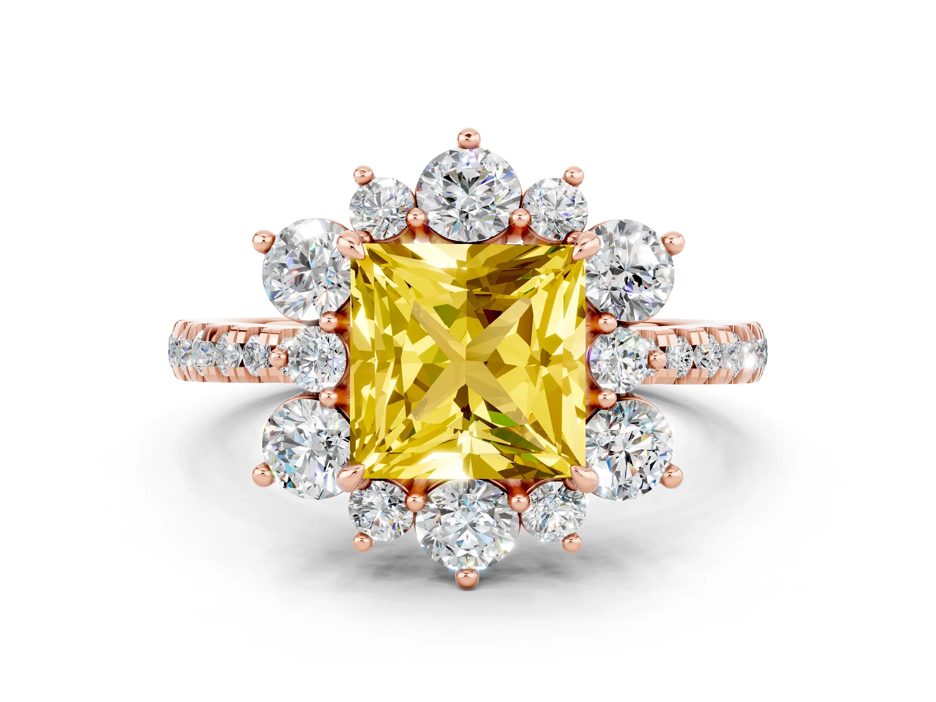 Rose gold Princess Cut Cut Diamond Floral Halo Pave Band with Prong Setting
