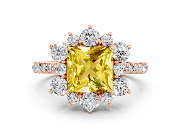 Rose gold Princess Cut Yellow Sapphire Floral Halo Ring with Round Pavé Band and Prong Setting