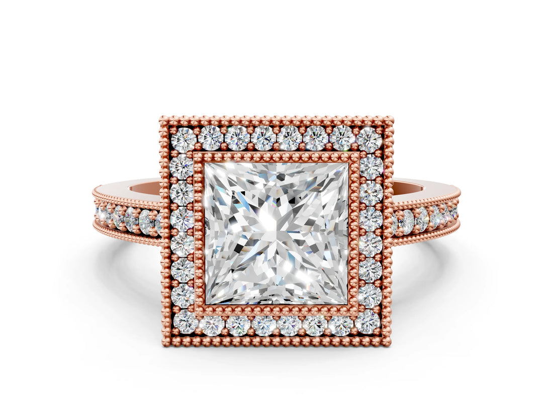 Rose gold Princess Cut-Cut Diamond Halo Engagement Ring with Pave Band and Prong Setting_9