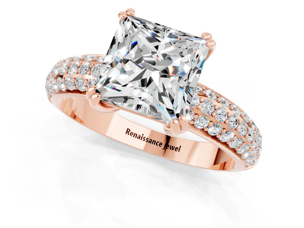 Rose gold Princess Cut Moissanite Vintage Milgrain Ring with Round  Stations
