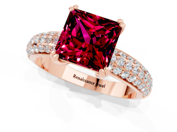 Rose gold Princess Cut Garnet Vintage Milgrain Ring with Round  Stations