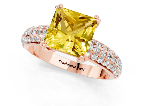 Rose gold Princess Cut Yellow Sapphire Vintage Milgrain Ring with Round  Stations