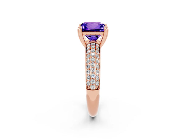 Rose gold Princess Cut Tanzanite Vintage Milgrain Ring with Round  Stations