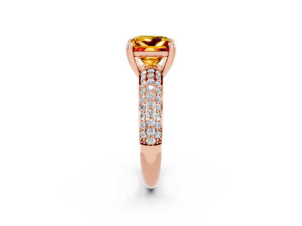 Rose gold Princess Cut Citrine Vintage Milgrain Ring with Round  Stations