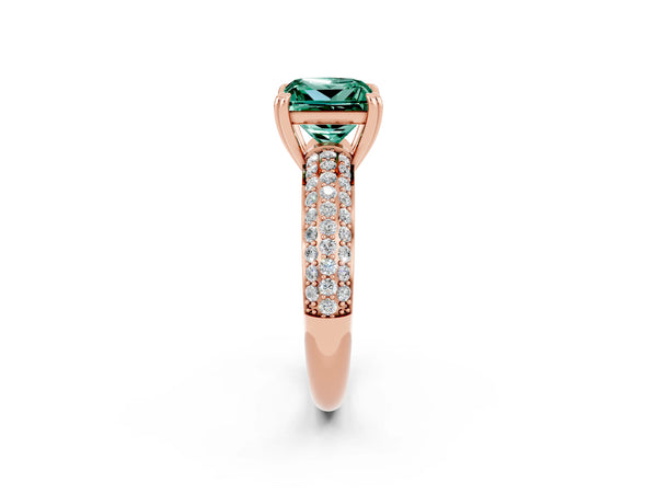 Rose gold Princess Cut Green Sapphire Vintage Milgrain Ring with Round  Stations