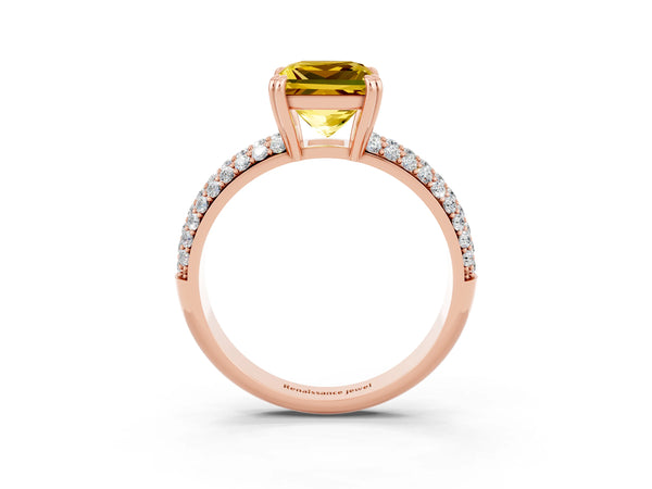 Rose gold Princess Cut Yellow Sapphire Vintage Milgrain Ring with Round  Stations