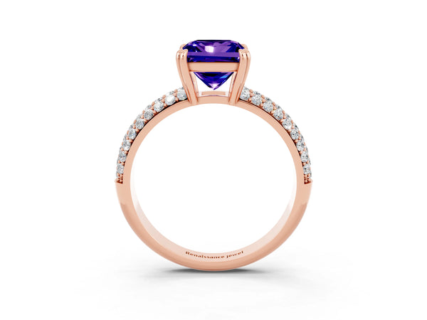 Rose gold Princess Cut Tanzanite Vintage Milgrain Ring with Round  Stations