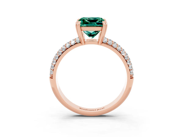 Rose gold Princess Cut Green Sapphire Vintage Milgrain Ring with Round  Stations