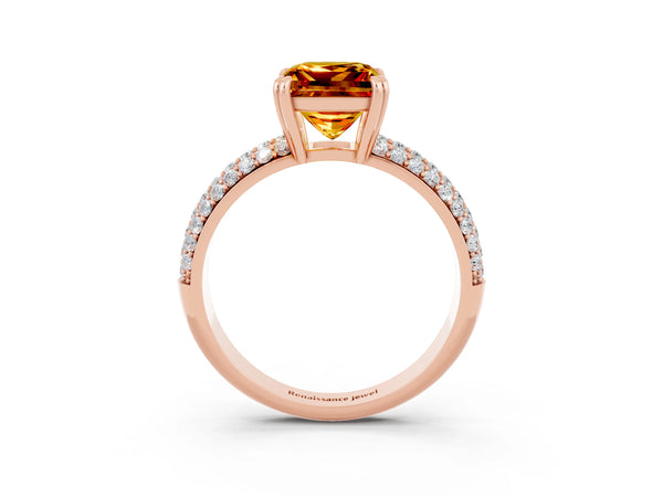 Rose gold Princess Cut Citrine Vintage Milgrain Ring with Round  Stations