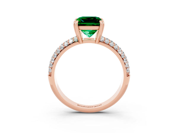 Rose gold Princess Cut Emerald Vintage Milgrain Ring with Round  Stations