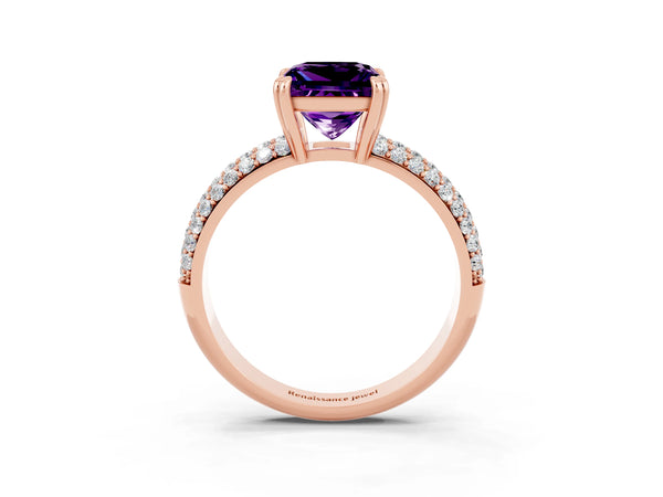 Rose gold Princess Cut Amethyst Vintage Milgrain Ring with Round  Stations