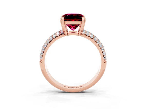 Rose gold Princess Cut Garnet Vintage Milgrain Ring with Round  Stations