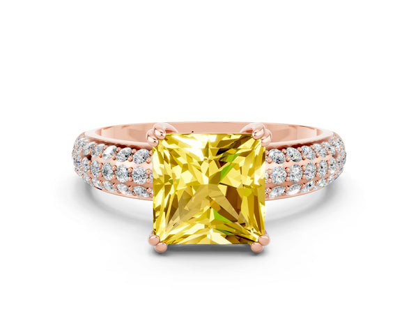 Rose gold Princess Cut Yellow Sapphire Vintage Milgrain Ring with Round  Stations