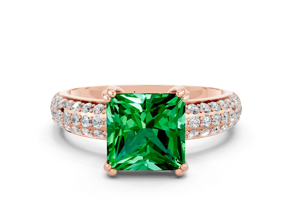 Rose gold Princess Cut Emerald Vintage Milgrain Ring with Round  Stations