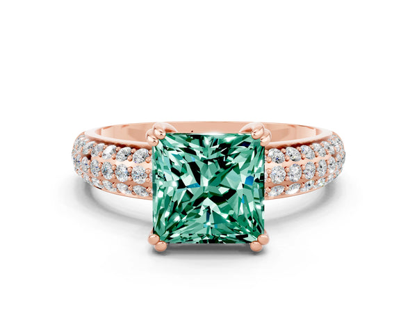 Rose gold Princess Cut Green Sapphire Vintage Milgrain Ring with Round  Stations