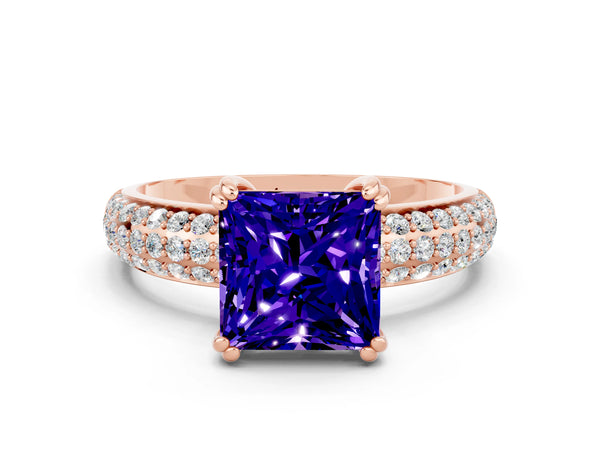 Rose gold Princess Cut Tanzanite Vintage Milgrain Ring with Round  Stations