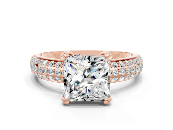 Rose gold Princess Cut Moissanite Vintage Milgrain Ring with Round  Stations