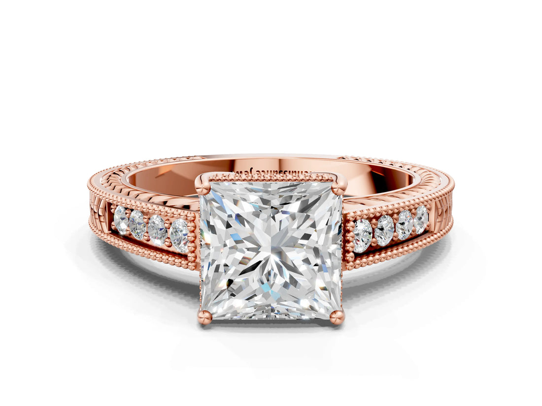 Rose gold Princess Cut Cut Diamond Milgrain Pave Band Four-Prong Setting Ring_3