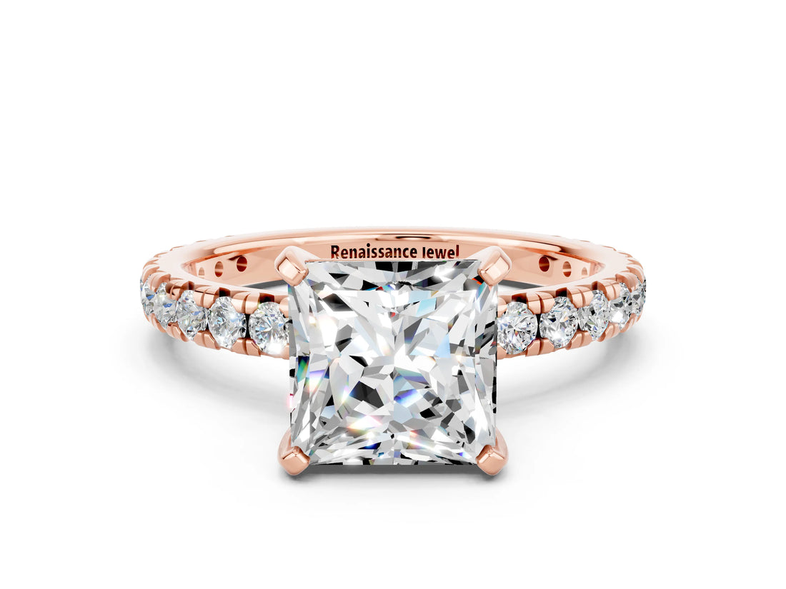 Rose gold Princess Cut Cut Diamond Pavé Band with Four-Prong Setting