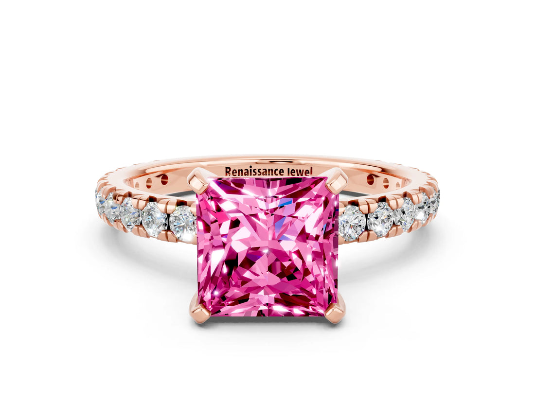 Rose gold Princess Cut Cut Diamond Pavé Band with Four-Prong Setting