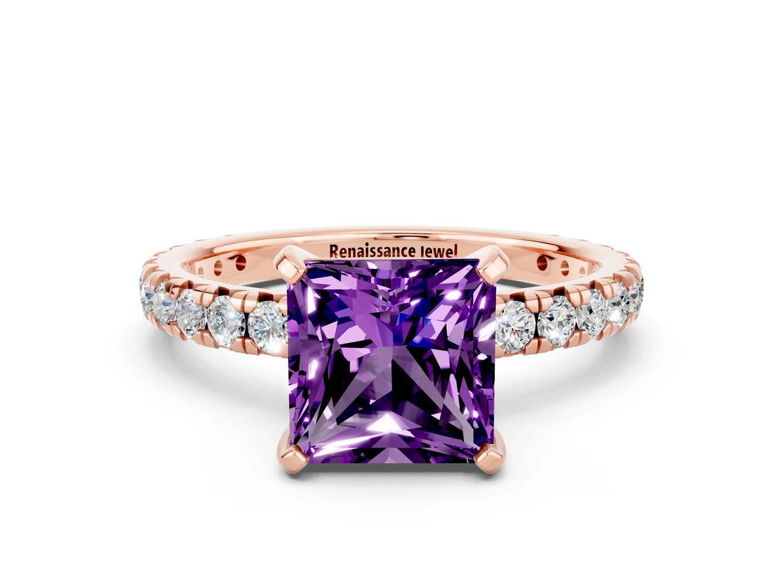 Rose gold Princess Cut Cut Diamond Pavé Band with Four-Prong Setting