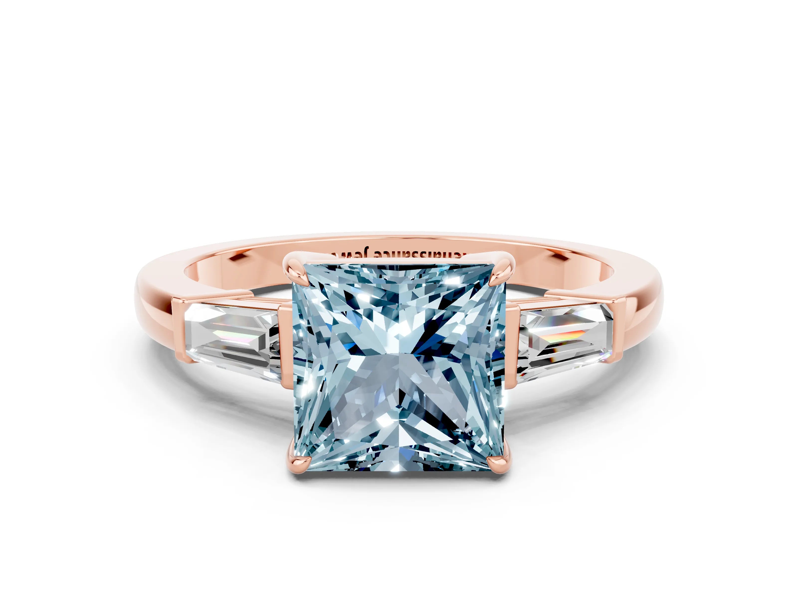 Rose gold Princess Cut Cut Diamond Ring with Tapered Baguette Side Stones in Four-Prong Setting
