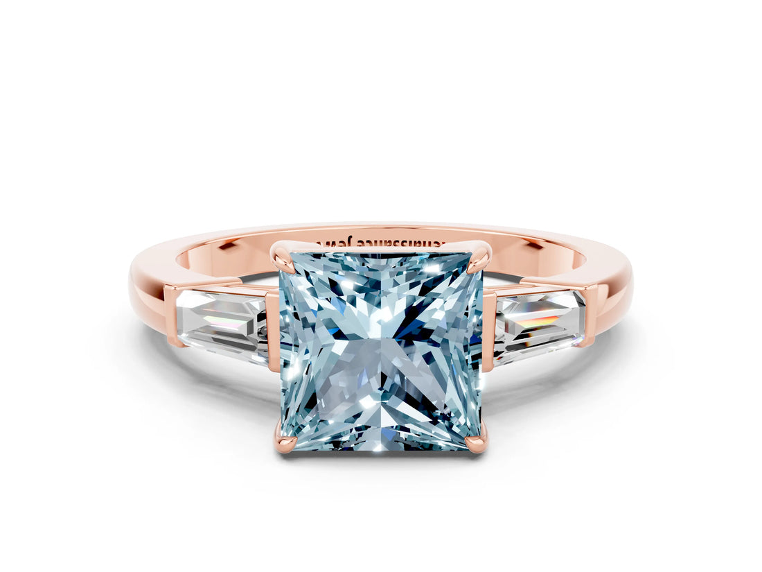 Rose gold Princess Cut Cut Diamond Ring with Tapered Baguette Side Stones in Four-Prong Setting
