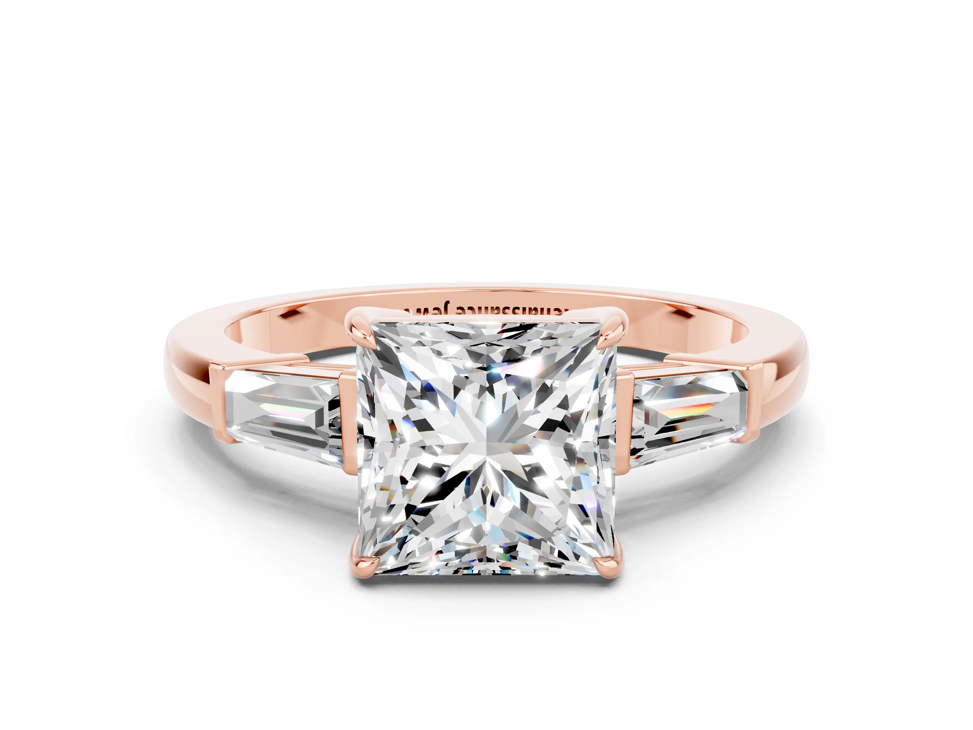 Rose gold Princess Cut Cut Diamond Ring with Tapered Baguette Side Stones in Four-Prong Setting