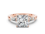 Rose gold Princess Cut Cut Diamond Ring with Tapered Baguette Side Stones in Four-Prong Setting
