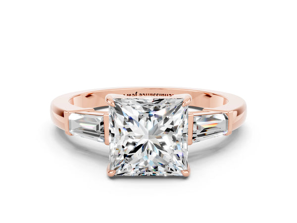 Rose gold Princess Cut Moissanite Three-Stone Ring with Tapered Baguette Side Stones and Prong Setting