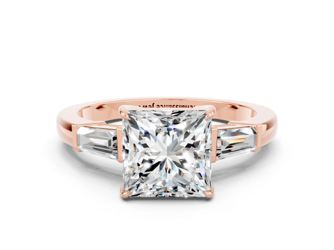 Rose gold Princess Cut Cut Diamond Ring with Tapered Baguette Side Stones in Four-Prong Setting