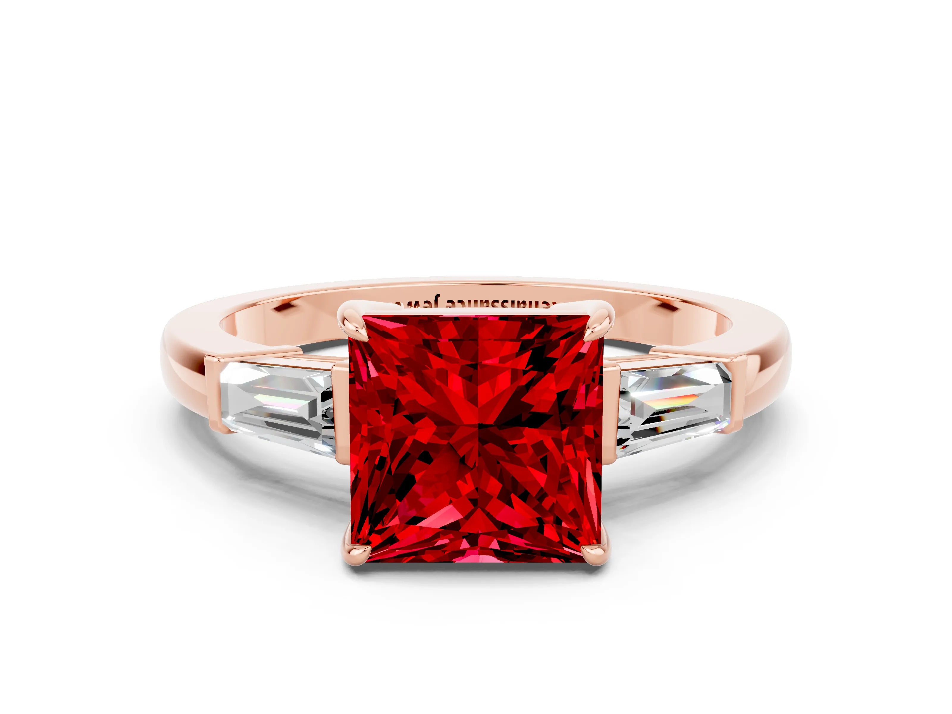 Rose gold Princess Cut Cut Diamond Ring with Tapered Baguette Side Stones in Four-Prong Setting