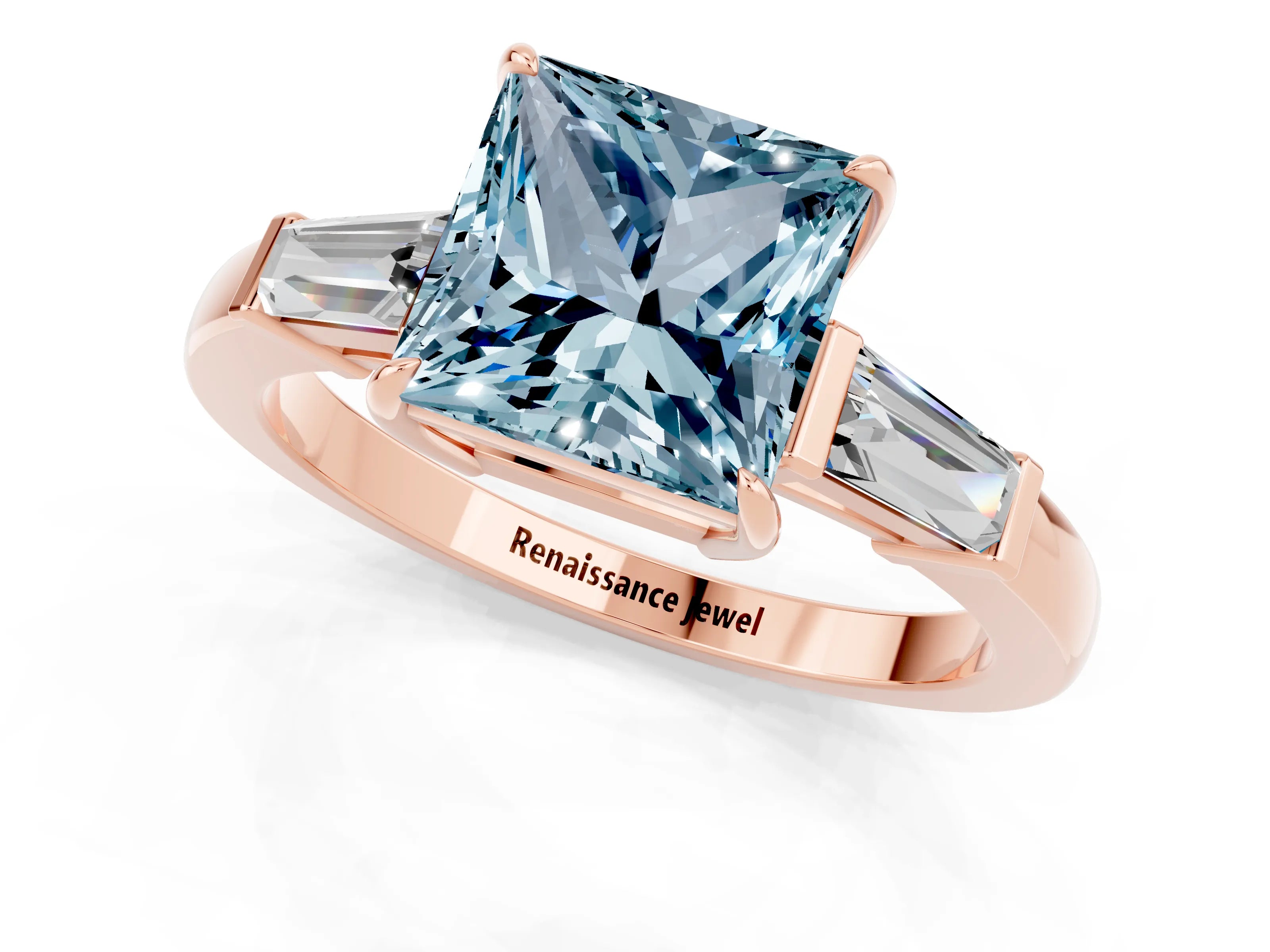 Rose gold Princess Cut Cut Diamond Ring with Tapered Baguette Side Stones in Four-Prong Setting_1