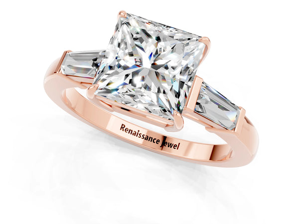 Rose gold Princess Cut Moissanite Three-Stone Ring with Tapered Baguette Side Stones and Prong Setting