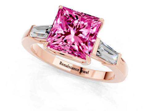 Rose gold Princess Cut Cut Diamond Ring with Tapered Baguette Side Stones in Four-Prong Setting_1