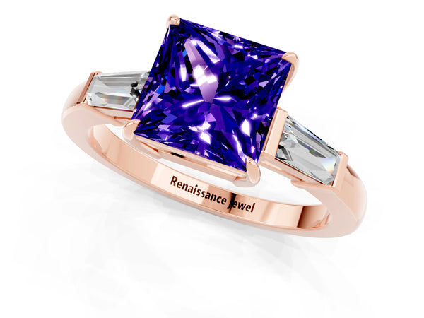 Rose gold Princess Cut Tanzanite Three-Stone Ring with Tapered Baguette Side Stones and Prong Setting