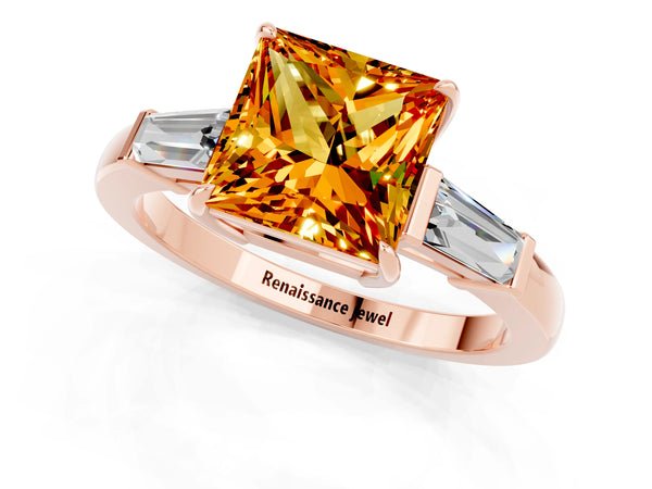 Rose gold Princess Cut Citrine Three-Stone Ring with Tapered Baguette Side Stones and Prong Setting
