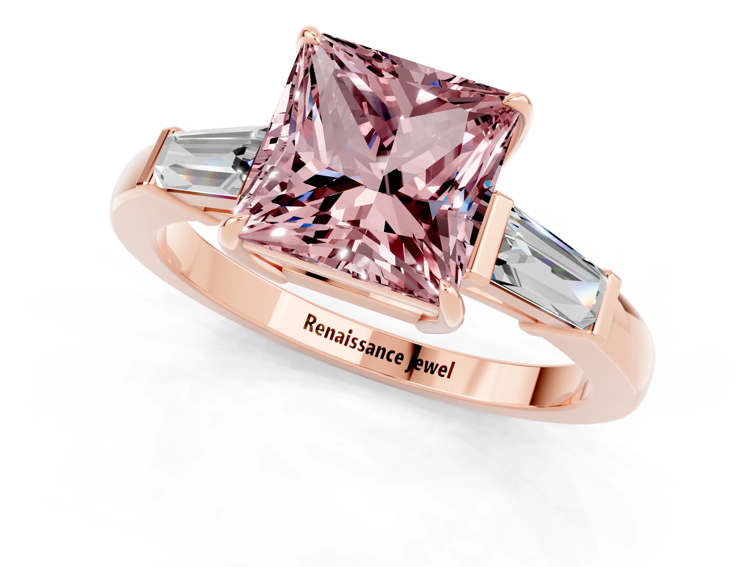 Rose gold Princess Cut Cut Diamond Ring with Tapered Baguette Side Stones in Four-Prong Setting_1