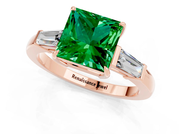 Rose gold Princess Cut Emerald Three-Stone Ring with Tapered Baguette Side Stones and Prong Setting