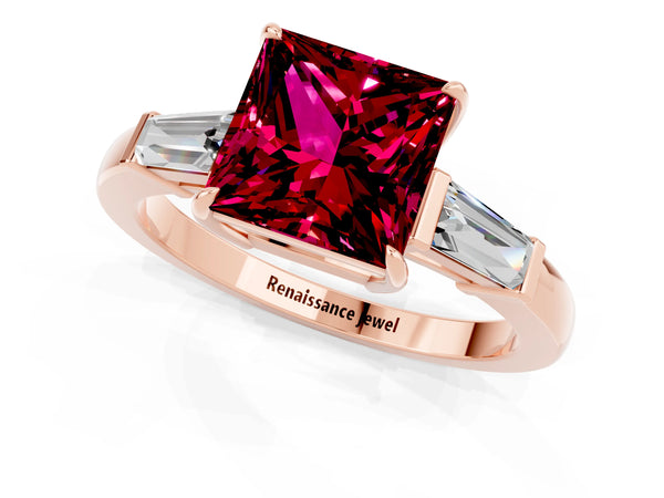 Rose gold Princess Cut Garnet Three-Stone Ring with Tapered Baguette Side Stones and Prong Setting