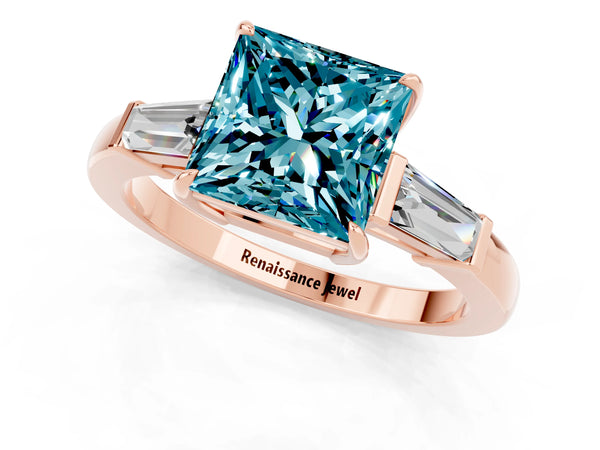 Rose gold Princess Cut Cut Diamond Ring with Tapered Baguette Side Stones in Four-Prong Setting