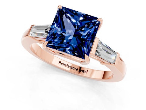 Rose gold Princess Cut Cut Diamond Ring with Tapered Baguette Side Stones in Four-Prong Setting_1