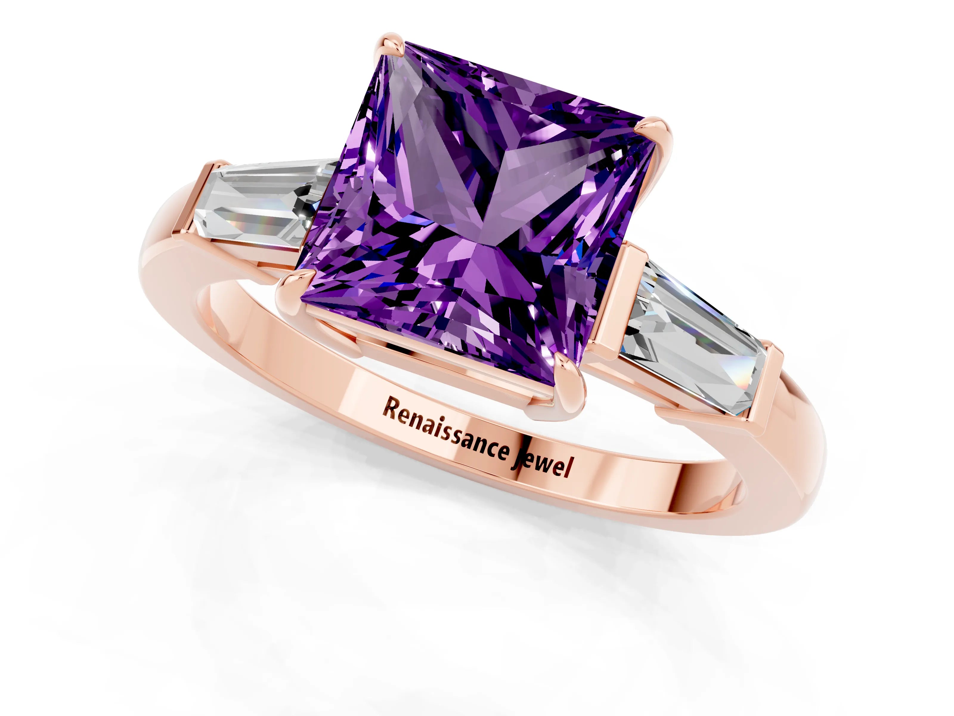 Rose gold Princess Cut Cut Diamond Ring with Tapered Baguette Side Stones in Four-Prong Setting_1